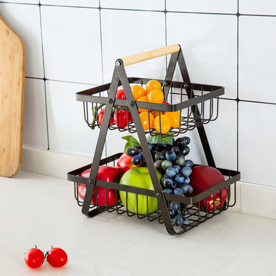 Buy Countertop Wood Handle Iron 2 Tier Wire Fruit Basket For Kitchen Organization online manufacture