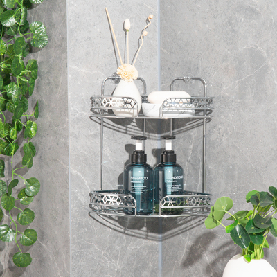 Buy Chrome Finished Corner Shower Caddy with 2 Tiers Bathroom Iron Rack Wall Mounted Type online manufacture