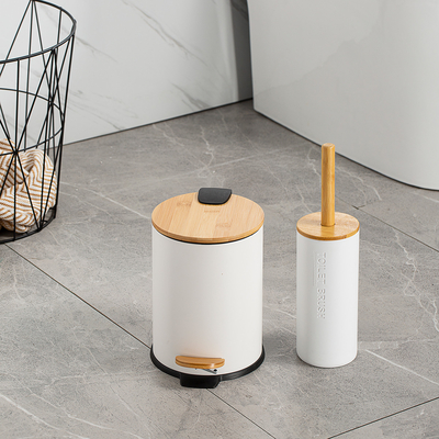 Buy Space-Saving Rolling Cover Style Stainless Steel Trash Bin with Thin Bamboo Lid and Pedal online manufacture