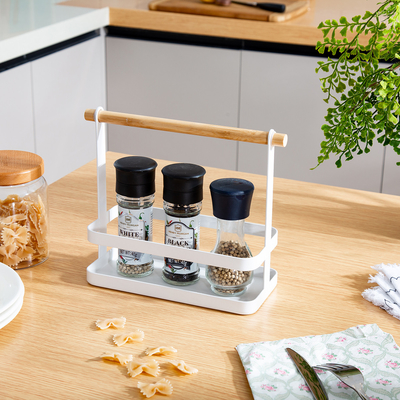 Buy Kitchen Organiser Kitchen Portable Steel Tabletop Spice Rack Wire Baskets With Wood Handle Seasoning Organizer online manufacture