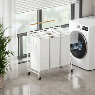 Buy Metal Wire Laundry Basket With Bamboo Handle And Wheels Utility 3 Division Big Capacity KD Structure Laundry Hamper online manufacture
