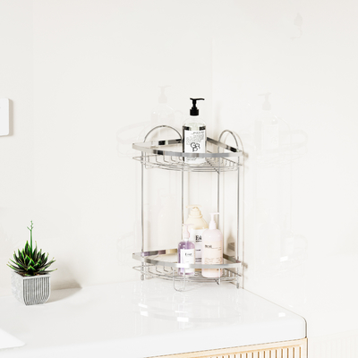 Buy 2 TIERS Multifunctional Free Standing Bathroom Organizer Stainless Steel Countertop Bathroom Rack Corner Rack online manufacture