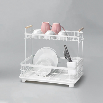 Buy Two Tier Removable Plate Dish Drying Rack With Separate Cutlery Holder Wood Handle online manufacture