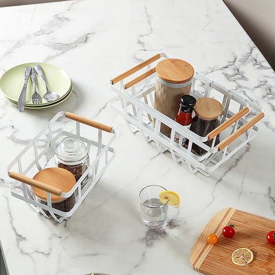 Home Kitchen Decorative White Metal Wire Storage Basket with Wood Handle