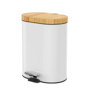 Home 6L Bamboo Lid Foot Pedal Trash Can Oval Shape Rolling Cover Type