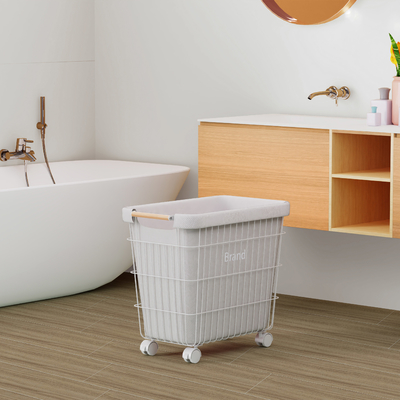 Home Rectangle Iron Metal Wire Laundry Basket with Bamboo Handle and Wheels