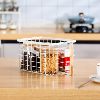 Wardrobe Organiser Kitchen Organiser Modern Decorative White Home Metal Table Organizer Wood Handle Iron Wire Storage Basket