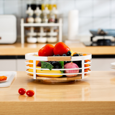 Kitchen Organiser Modern 360 Rotatable White Home Metal Table Organizer Wood Handle Iron Wire Storage Basket