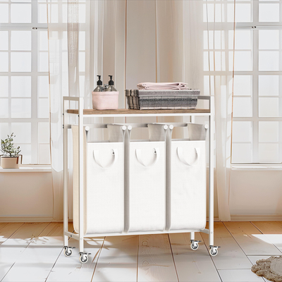 Utility KD Structure 3 Division Big Capacity Iron Metal Wire Laundry Basket With Countertop And Wheels Laundry Hamper