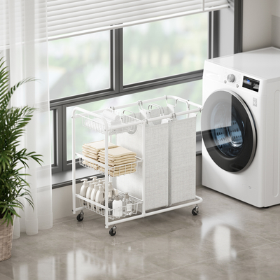 KD Structure Iron Metal Wire Laundry Basket With Wheels Utility 2 Division Big Capacity Laundry Hamper