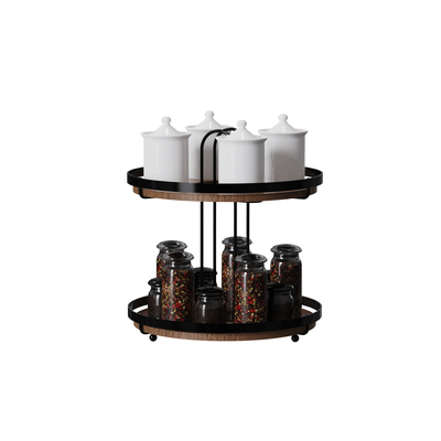 2 Tiers Standing Type Wood Element Mdf Round Household Multifunctional Stylish Metal Kitchen Organizer Seasoning Organizer