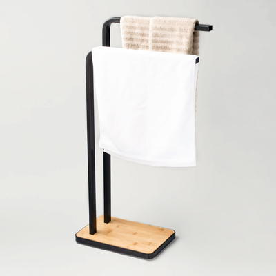New Black Bath Towel Stand Tower Holder With Two Arms Hand Free Standing Bathroom Wooden Bamboo Towel Rack